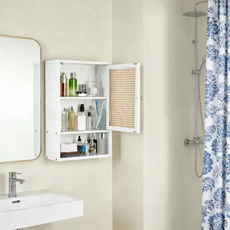 Meuble de salle de bain mural en bambou avec portes en rotin