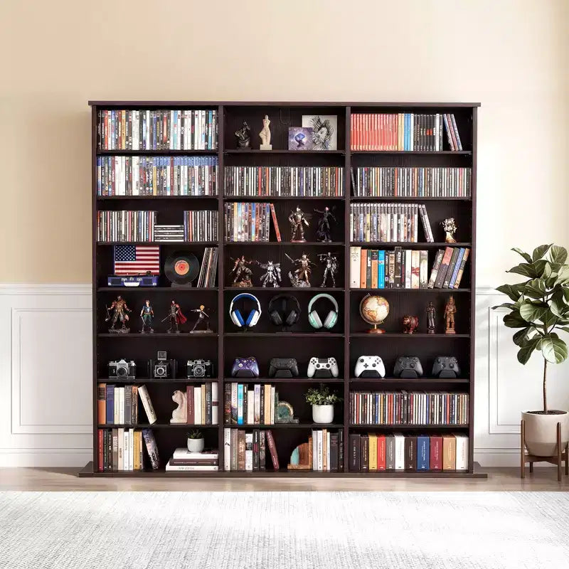 Meuble de rangement multimédia à 8 niveaux, 142 x 22 x 130 cm, Organiseur multimédia pour CD, DVD, livres et jeux, Marron