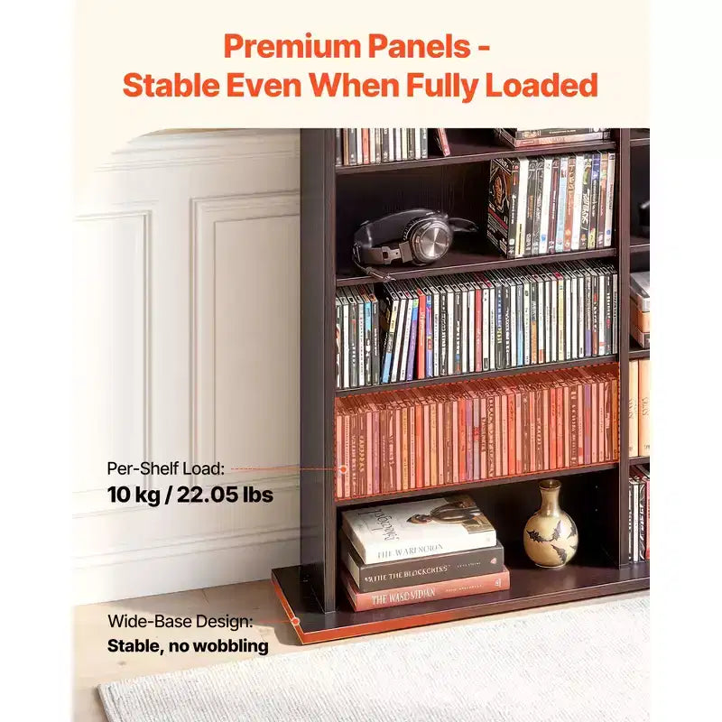 Meuble de rangement multimédia à 8 niveaux, 142 x 22 x 130 cm, Organiseur multimédia pour CD, DVD, livres et jeux, Marron