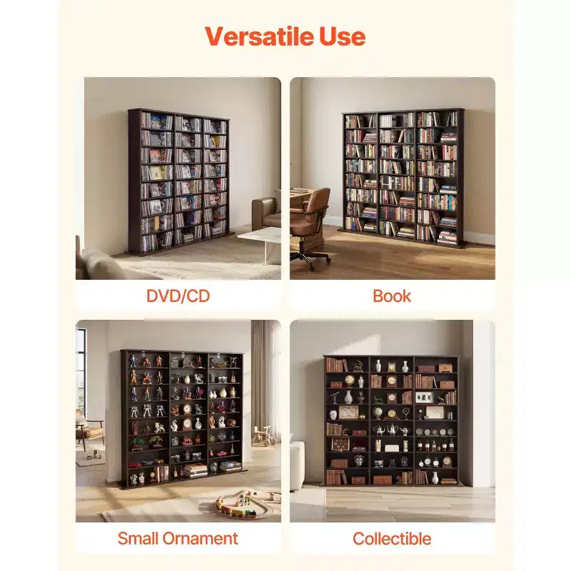 Meuble de rangement multimédia à 8 niveaux, 142 x 22 x 130 cm, Organiseur multimédia pour CD, DVD, livres et jeux, Marron