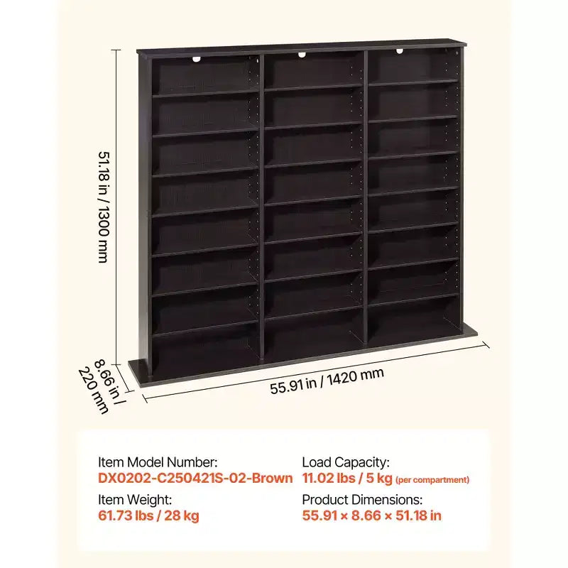 Meuble de rangement multimédia à 8 niveaux, 142 x 22 x 130 cm, Organiseur multimédia pour CD, DVD, livres et jeux, Marron