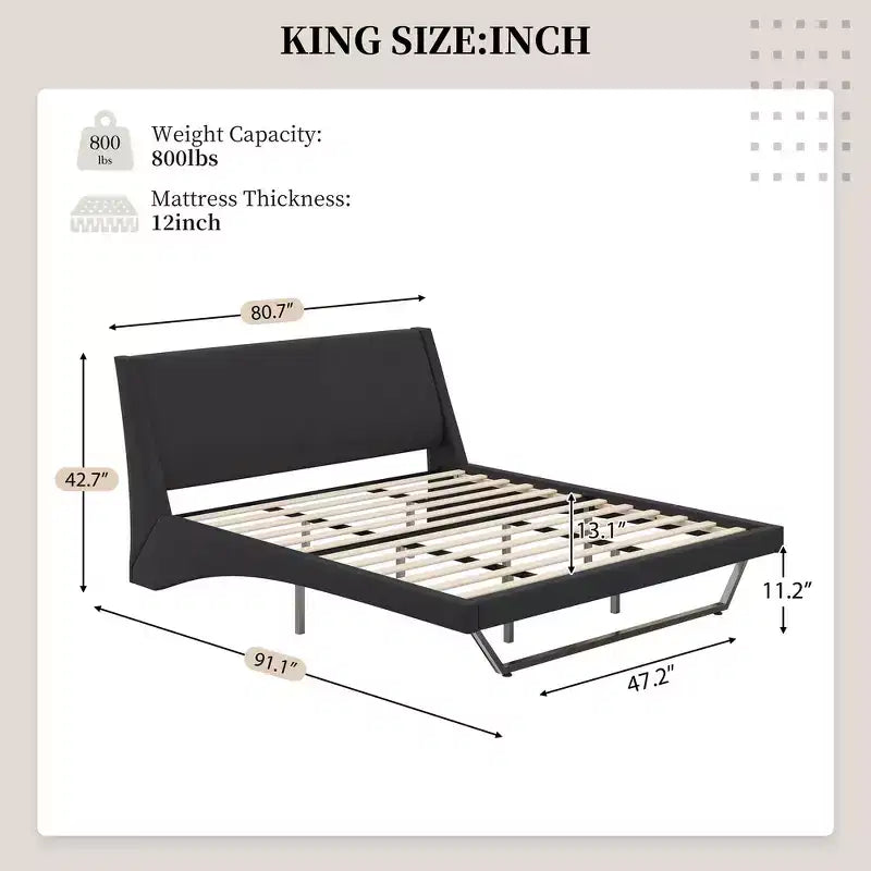 Lit plateforme moderne King Size, en cuir PU rembourré avec un design incurvé, pieds trapézoïdaux suspendus