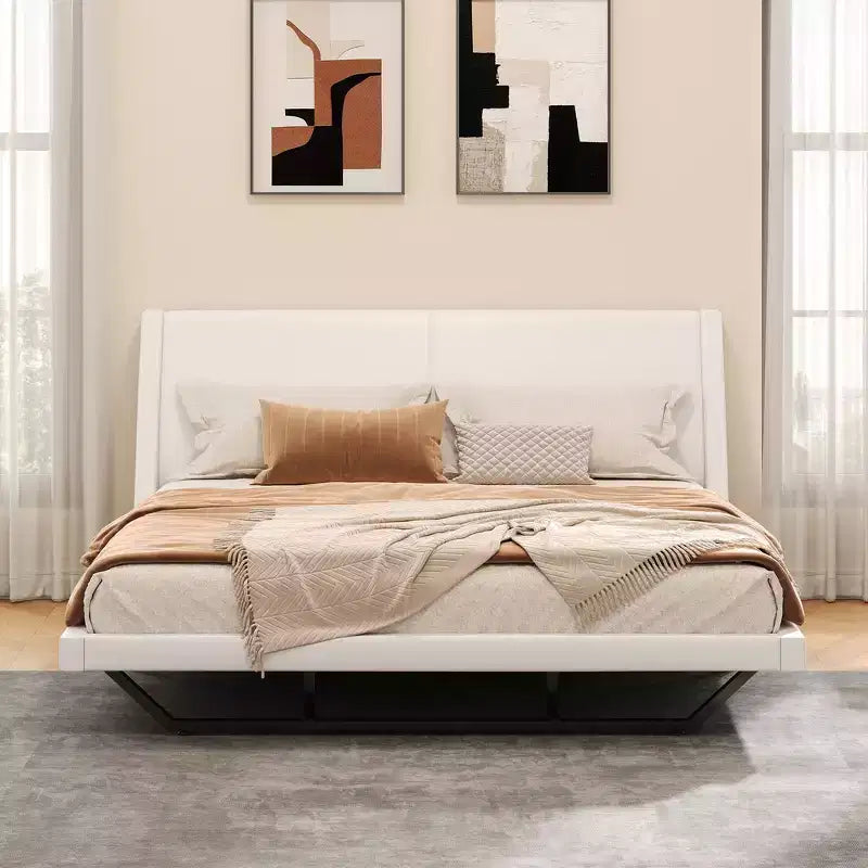 Lit plateforme moderne King Size, en cuir PU rembourré avec un design incurvé, pieds trapézoïdaux suspendus
