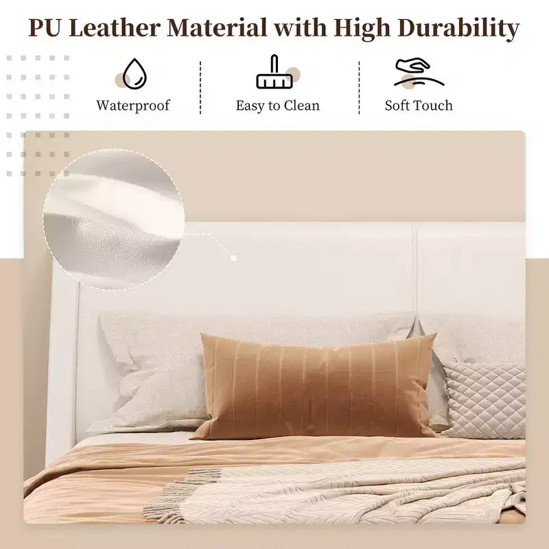 Lit plateforme moderne King Size, en cuir PU rembourré avec un design incurvé, pieds trapézoïdaux suspendus