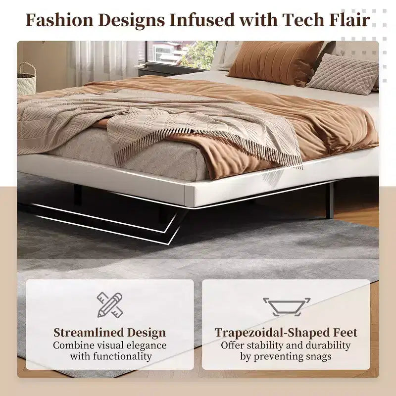 Lit plateforme moderne King Size, en cuir PU rembourré avec un design incurvé, pieds trapézoïdaux suspendus