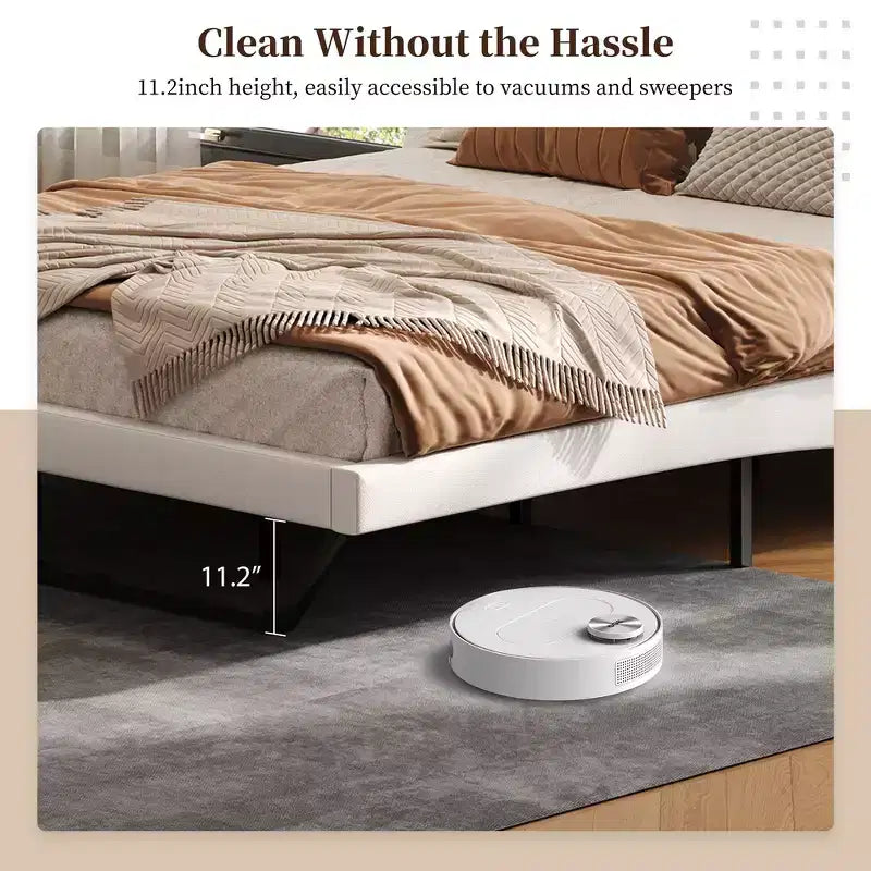 Lit plateforme moderne King Size, en cuir PU rembourré avec un design incurvé, pieds trapézoïdaux suspendus