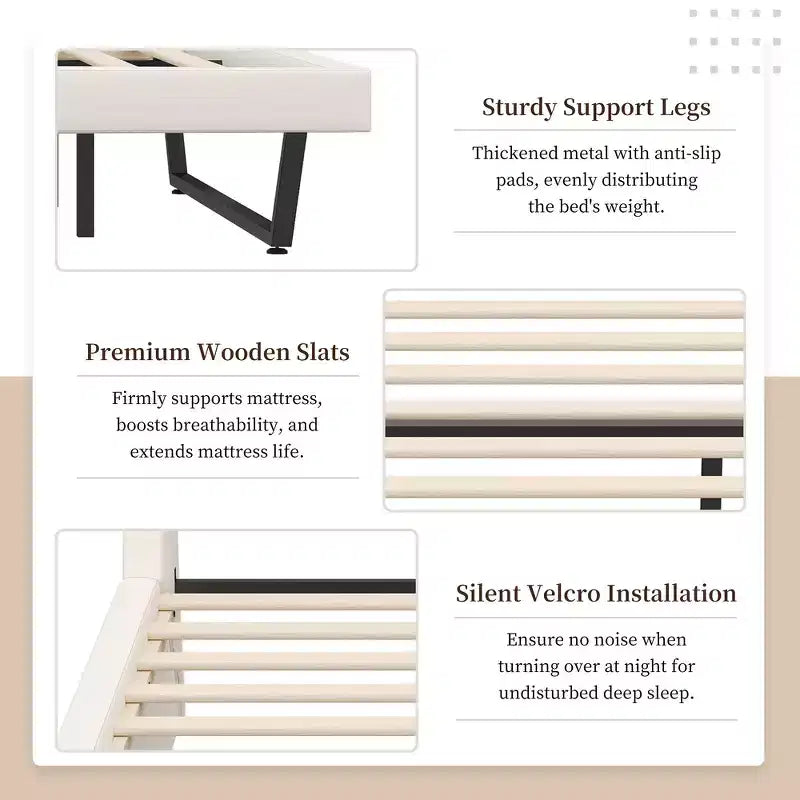 Lit plateforme moderne King Size, en cuir PU rembourré avec un design incurvé, pieds trapézoïdaux suspendus