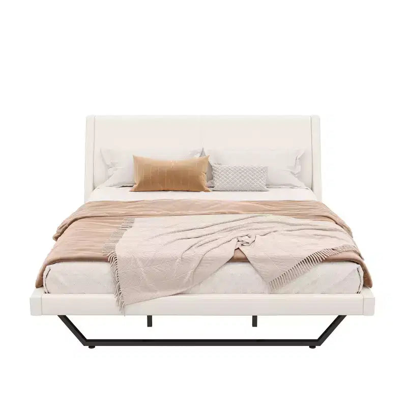 Lit plateforme moderne King Size, en cuir PU rembourré avec un design incurvé, pieds trapézoïdaux suspendus