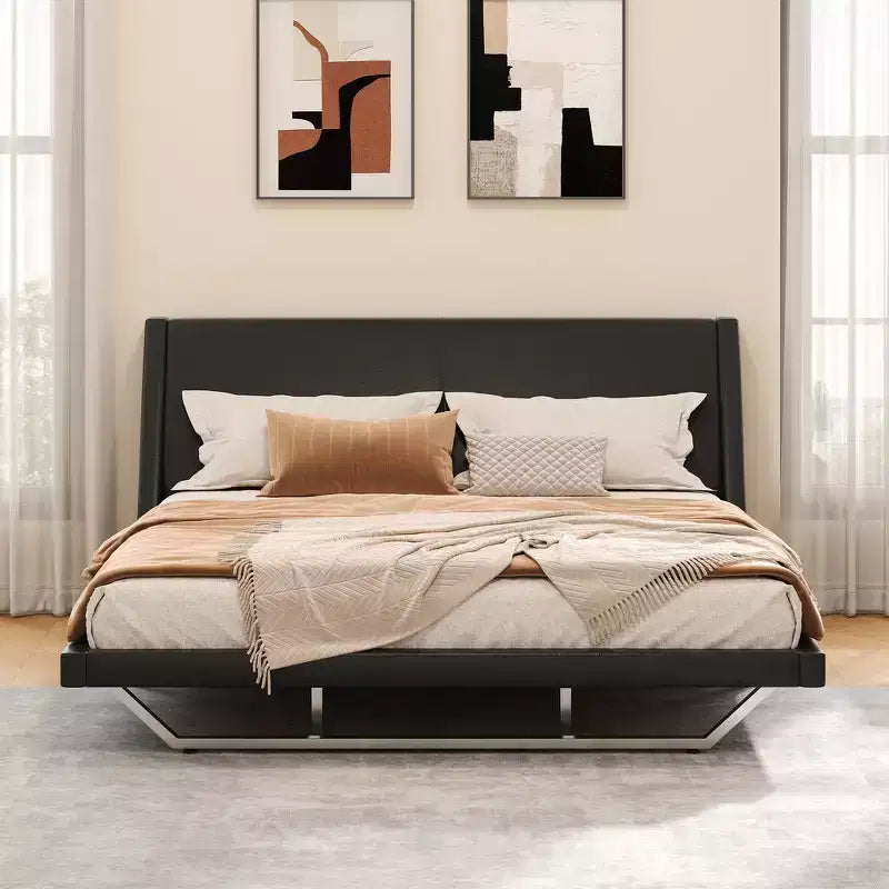 Lit plateforme moderne King Size, en cuir PU rembourré avec un design incurvé, pieds trapézoïdaux suspendus