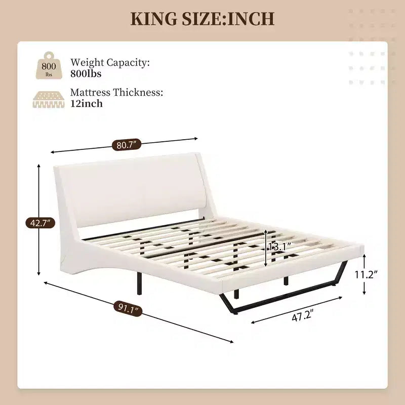 Lit plateforme moderne King Size, en cuir PU rembourré avec un design incurvé, pieds trapézoïdaux suspendus