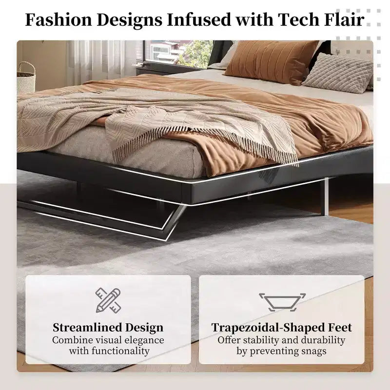 Lit plateforme moderne King Size, en cuir PU rembourré avec un design incurvé, pieds trapézoïdaux suspendus