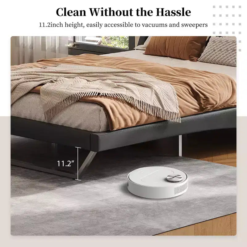 Lit plateforme moderne King Size, en cuir PU rembourré avec un design incurvé, pieds trapézoïdaux suspendus