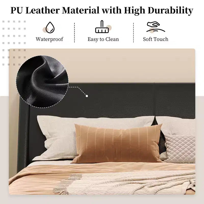 Lit plateforme moderne King Size, en cuir PU rembourré avec un design incurvé, pieds trapézoïdaux suspendus