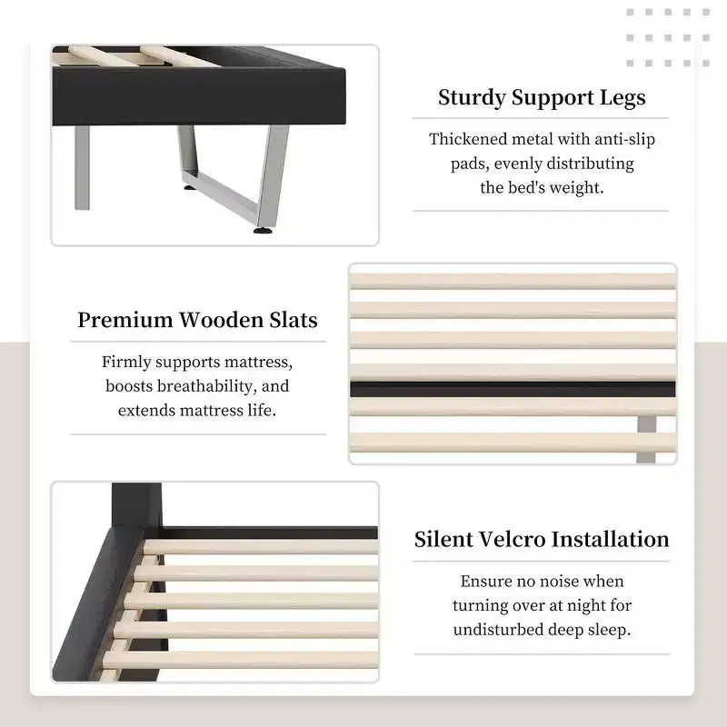Lit plateforme moderne King Size, en cuir PU rembourré avec un design incurvé, pieds trapézoïdaux suspendus