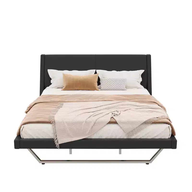 Lit plateforme moderne King Size, en cuir PU rembourré avec un design incurvé, pieds trapézoïdaux suspendus