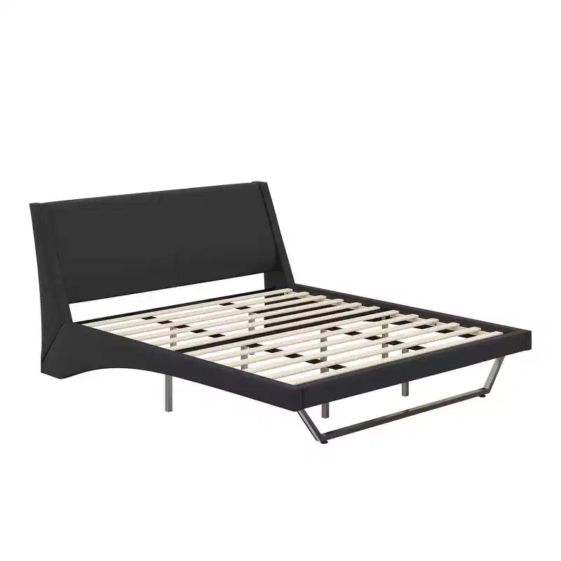 Lit plateforme moderne King Size, en cuir PU rembourré avec un design incurvé, pieds trapézoïdaux suspendus