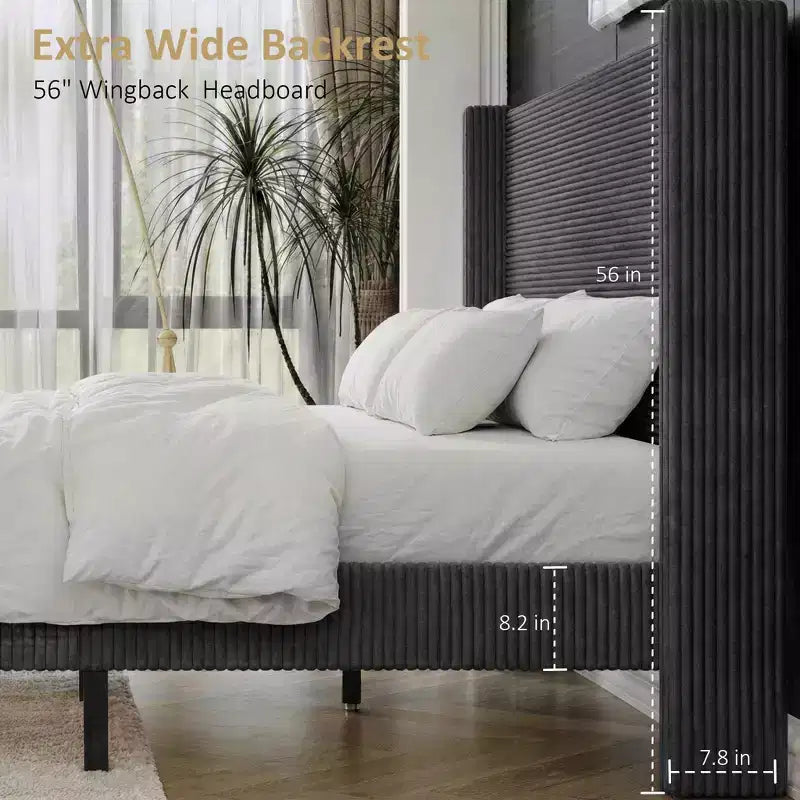 Cadre de lit Queen avec tête de lit capitonnée en velours côtelé de 142 cm de haut, lit plateforme tapissé, pas besoin de sommier.