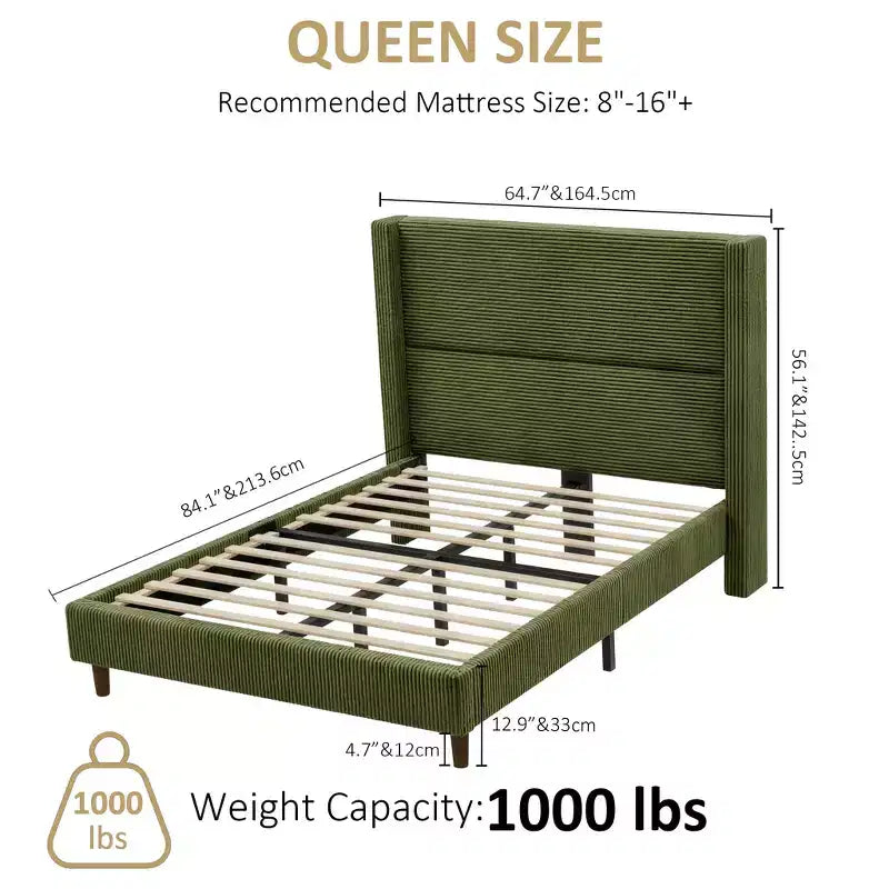 Cadre de lit Queen avec tête de lit capitonnée en velours côtelé de 142 cm de haut, lit plateforme tapissé, pas besoin de sommier.