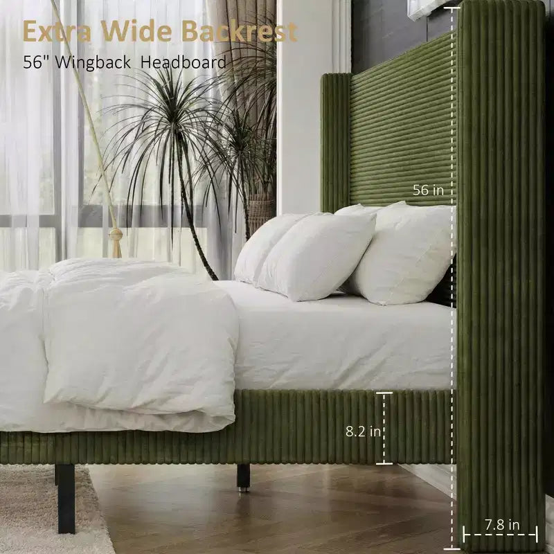 Cadre de lit Queen avec tête de lit capitonnée en velours côtelé de 142 cm de haut, lit plateforme tapissé, pas besoin de sommier.