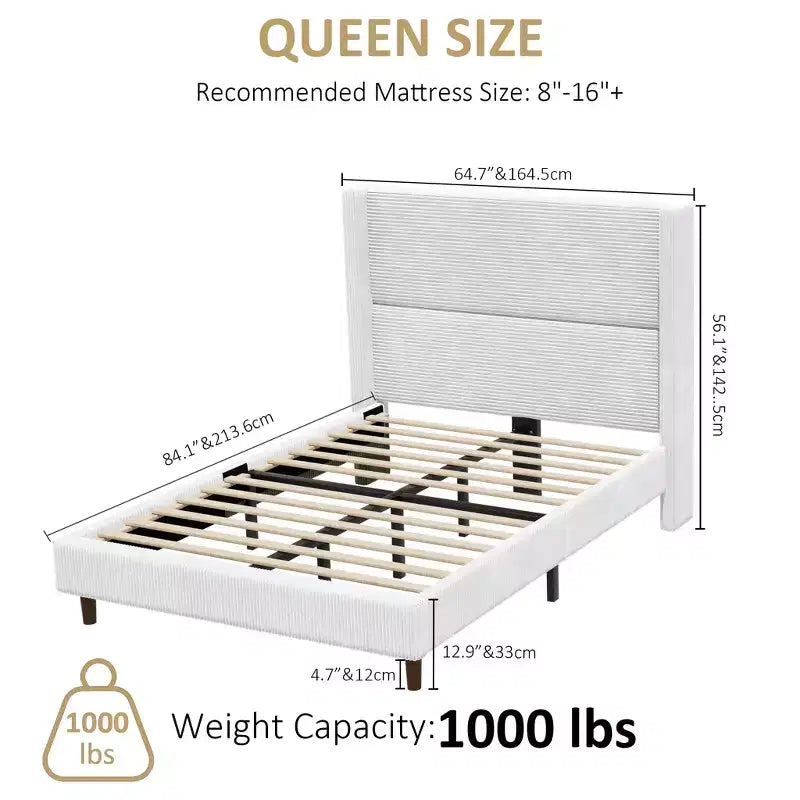 Cadre de lit Queen avec tête de lit capitonnée en velours côtelé de 142 cm de haut, lit plateforme tapissé, pas besoin de sommier.