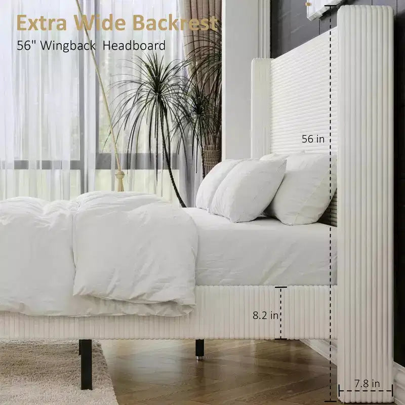 Cadre de lit Queen avec tête de lit capitonnée en velours côtelé de 142 cm de haut, lit plateforme tapissé, pas besoin de sommier.