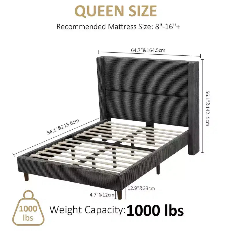 Cadre de lit Queen avec tête de lit capitonnée en velours côtelé de 142 cm de haut, lit plateforme tapissé, pas besoin de sommier.