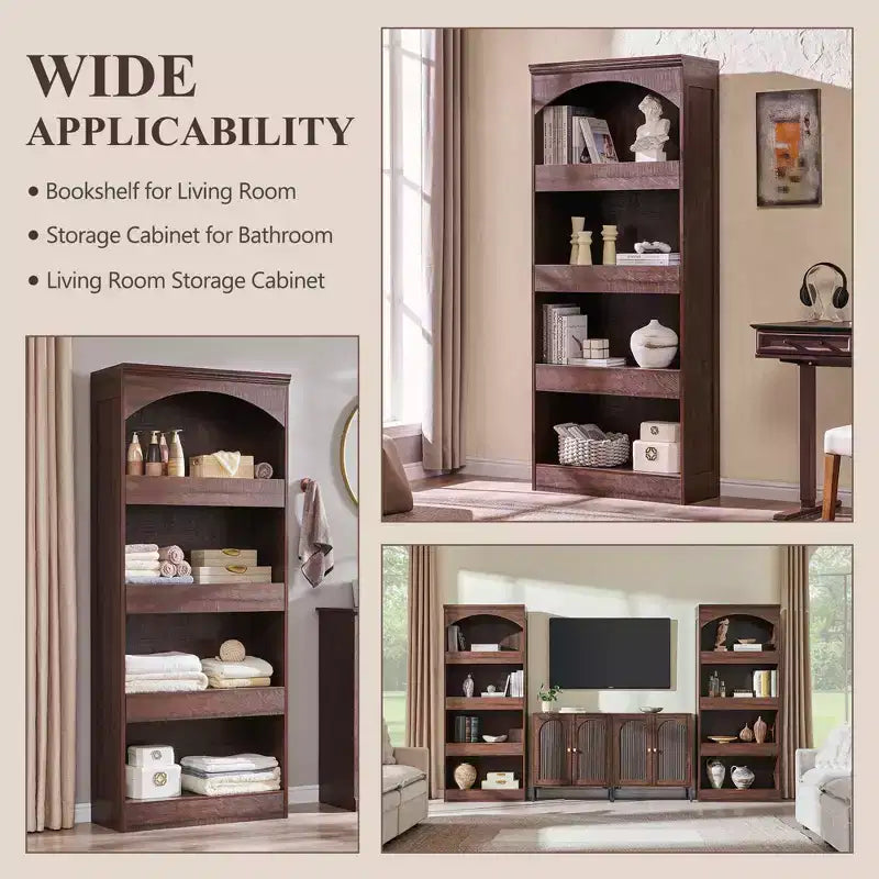 Bibliothèque arquée de 76 pouces avec tiroir à verrouillage magnétique — Étagère en bois à 4 niveaux avec rangement caché