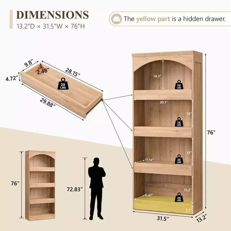 Bibliothèque arquée de 76 pouces avec tiroir à verrouillage magnétique — Étagère en bois à 4 niveaux avec rangement caché