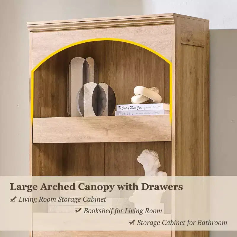 Bibliothèque arquée de 76 pouces avec tiroir à verrouillage magnétique — Étagère en bois à 4 niveaux avec rangement caché