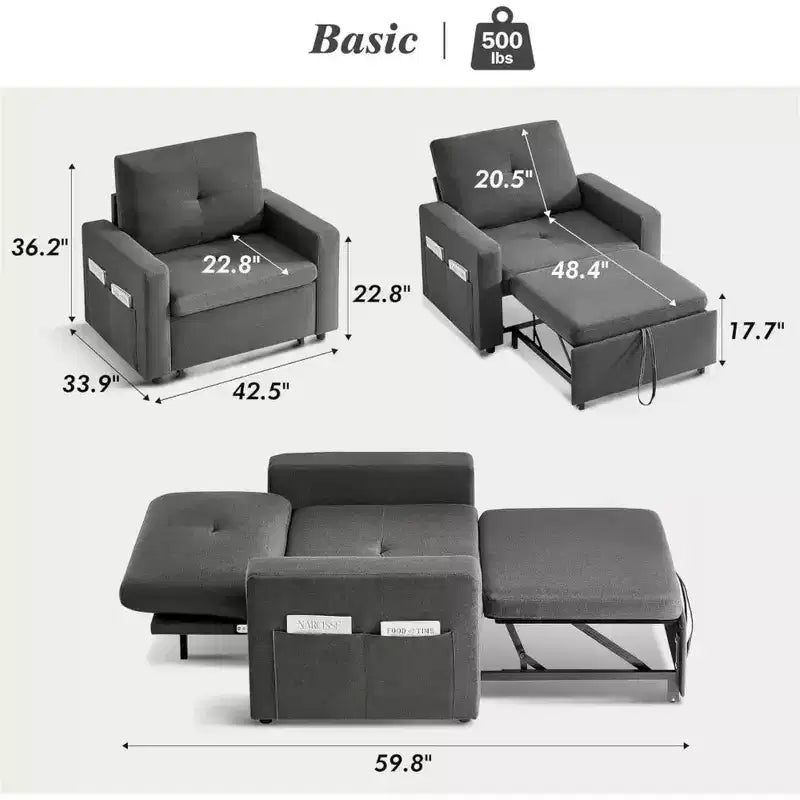 Fauteuil convertible 3-en-1 extra-large de 108 cm avec canapé gigogne, dossier inclinable sur 5 niveaux et poches latérales