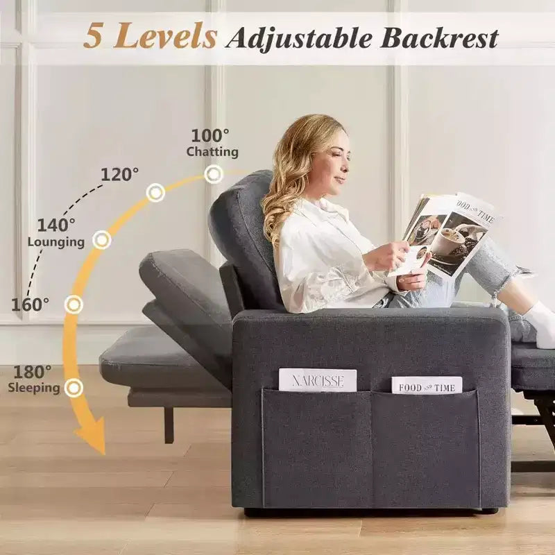 Fauteuil convertible 3-en-1 extra-large de 108 cm avec canapé gigogne, dossier inclinable sur 5 niveaux et poches latérales
