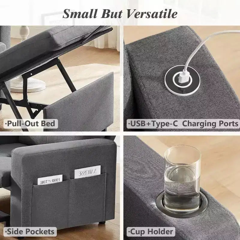 Fauteuil convertible 3-en-1 extra-large de 108 cm avec canapé gigogne, dossier inclinable sur 5 niveaux et poches latérales