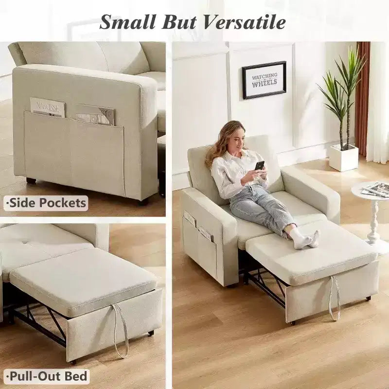 Fauteuil convertible 3-en-1 extra-large de 108 cm avec canapé gigogne, dossier inclinable sur 5 niveaux et poches latérales