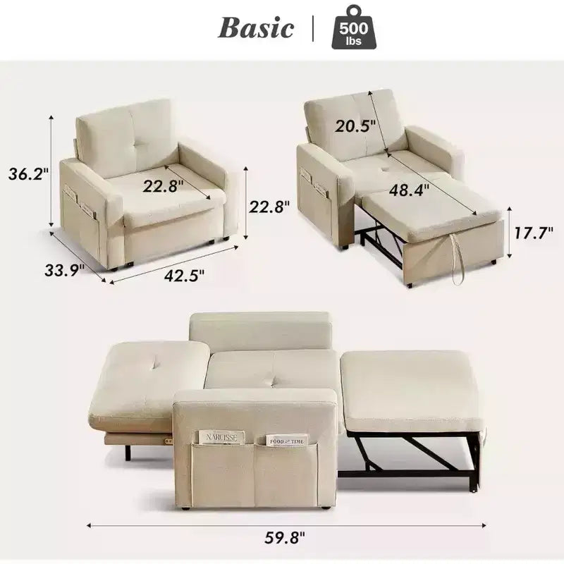 Fauteuil convertible 3-en-1 extra-large de 108 cm avec canapé gigogne, dossier inclinable sur 5 niveaux et poches latérales