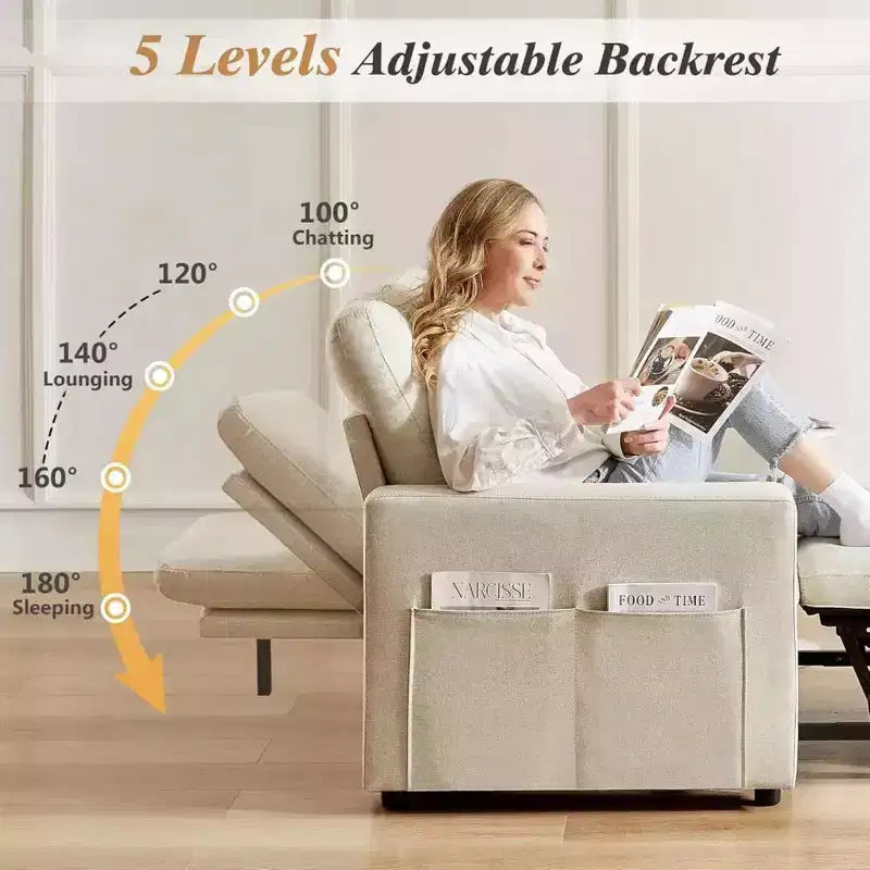 Fauteuil convertible 3-en-1 extra-large de 108 cm avec canapé gigogne, dossier inclinable sur 5 niveaux et poches latérales