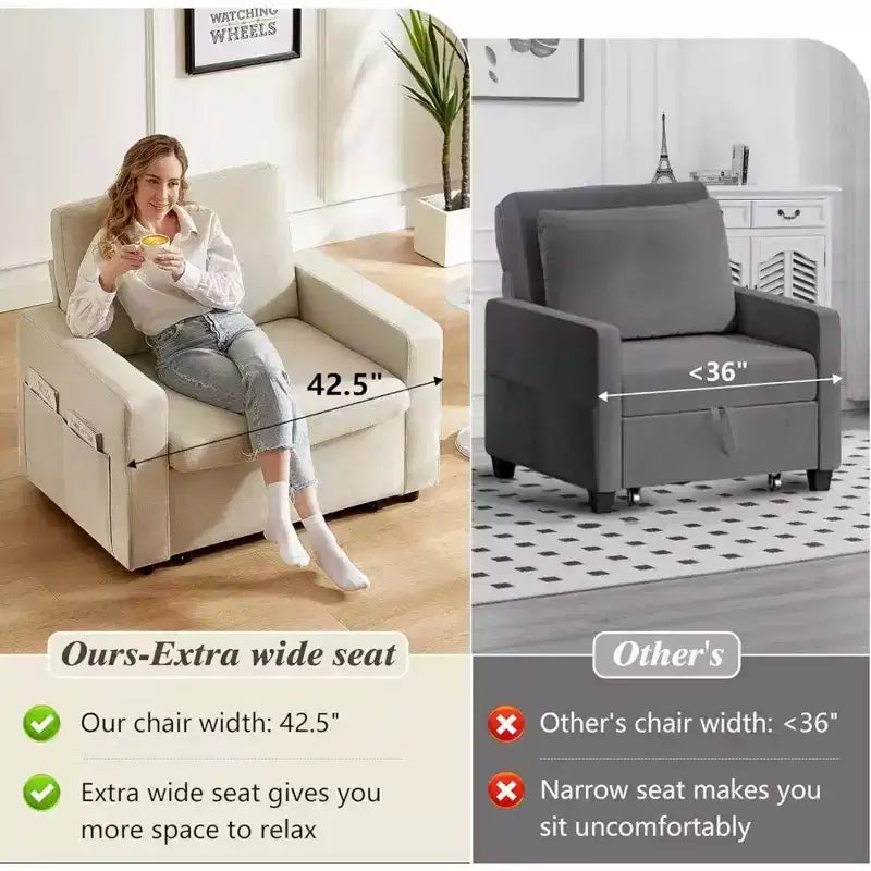 Fauteuil convertible 3-en-1 extra-large de 108 cm avec canapé gigogne, dossier inclinable sur 5 niveaux et poches latérales