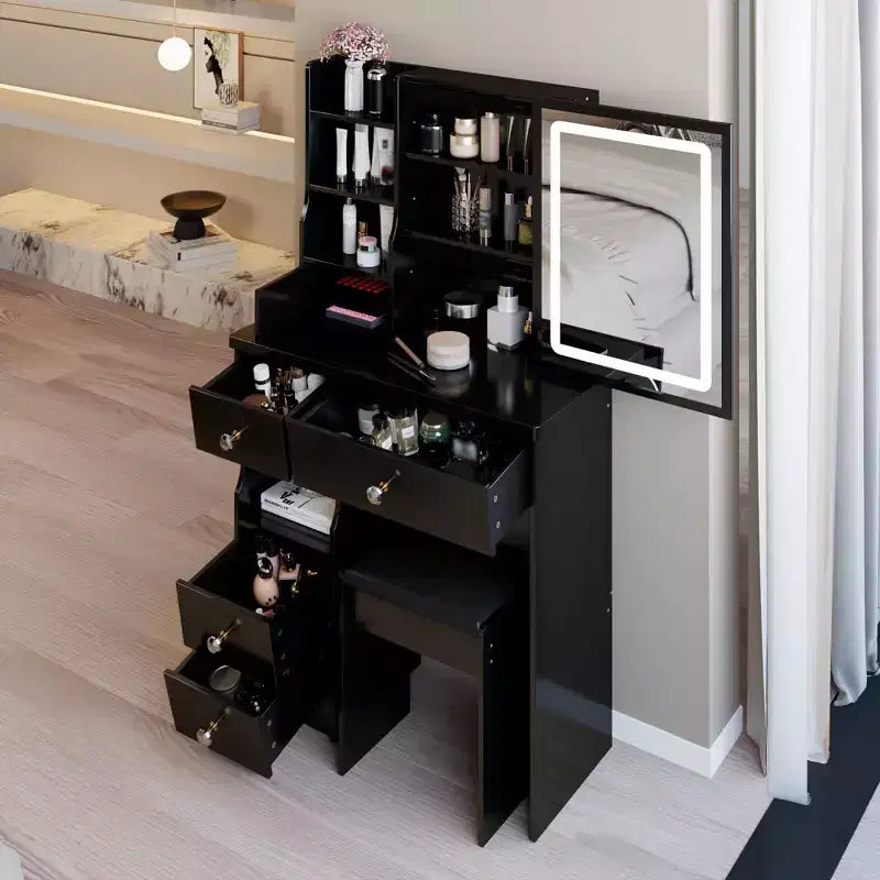 29.2-Inch Natural Makeup Vanity Desk with LED Mirror, Organized Storage, Hair Dryer Stand and Matching Stool for Small Spaces