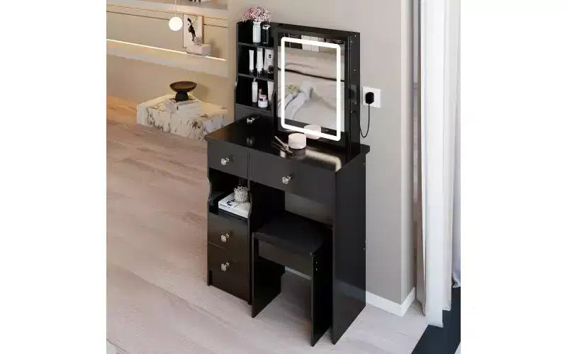 Ensemble de coiffeuse à LED avec miroir, tiroirs et tabouret pour petits espaces