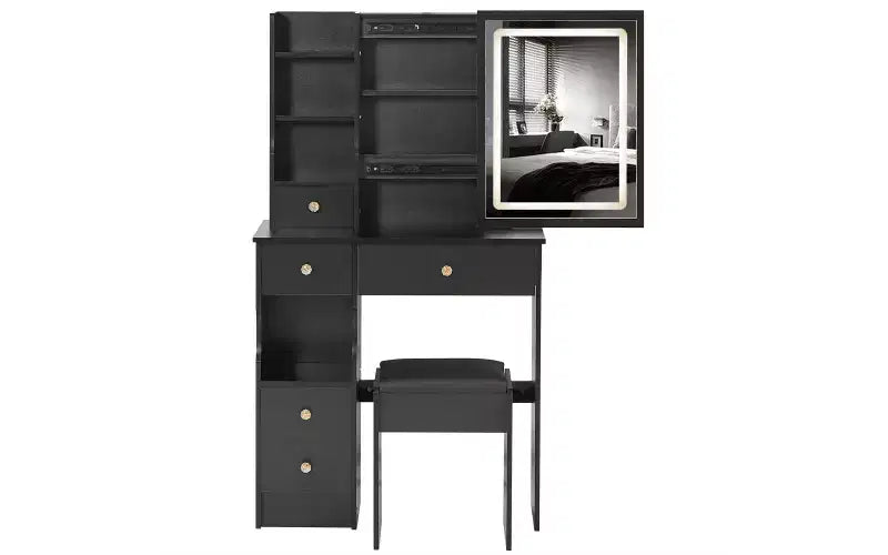 Ensemble de coiffeuse à LED avec miroir, tiroirs et tabouret pour petits espaces