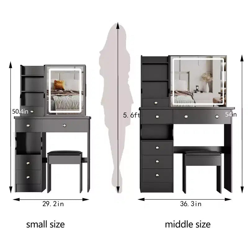 Ensemble de coiffeuse à LED avec miroir, tiroirs et tabouret pour petits espaces