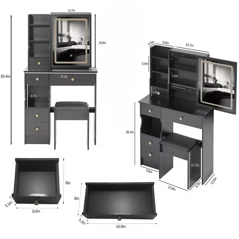 Ensemble de coiffeuse à LED avec miroir, tiroirs et tabouret pour petits espaces