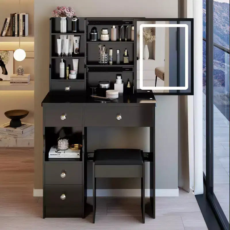 Ensemble de coiffeuse à LED avec miroir, tiroirs et tabouret pour petits espaces