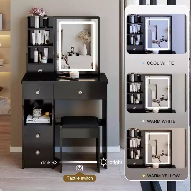 Ensemble de coiffeuse à LED avec miroir, tiroirs et tabouret pour petits espaces