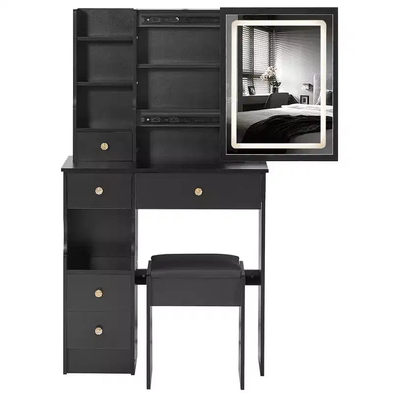 Ensemble de coiffeuse à LED avec miroir, tiroirs et tabouret pour petits espaces