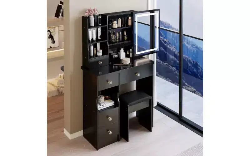 Ensemble de coiffeuse à LED avec miroir, tiroirs et tabouret pour petits espaces