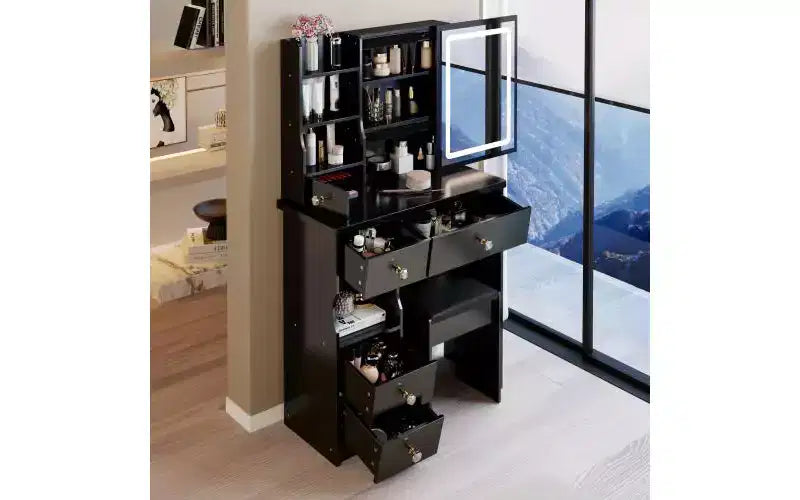 Ensemble de coiffeuse à LED avec miroir, tiroirs et tabouret pour petits espaces